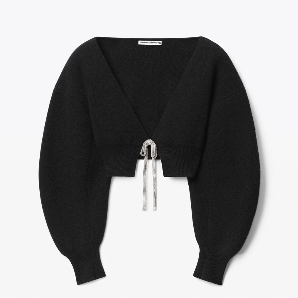 Alexander Wang Black v-neck cropped cardigan in boiled wool - Picture 1 of 3